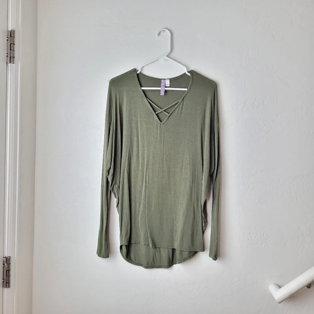 LAST CHANCE!Alya Olive Green Strappy Front Long sleeve Blouse - Picture 2 of 6